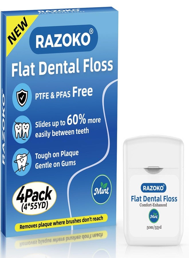 RAZOKO Flat Dental Floss, PFAS & PTFE Free, Shred Resistant, Kid-Friendly Gentle on Gums, Ultra-Smooth for Deep Cleaning, Mint, 4 Pack (55 Yards) - Image 1
